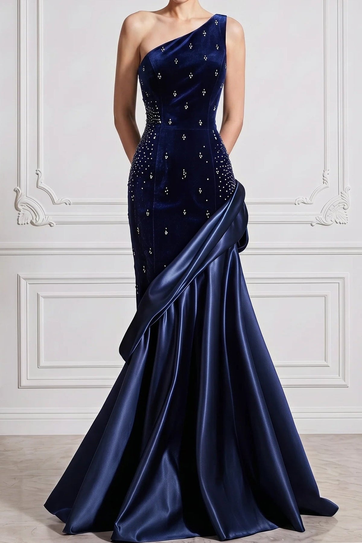 Embellished One-Shoulder Velvet Gown with Satin Drape