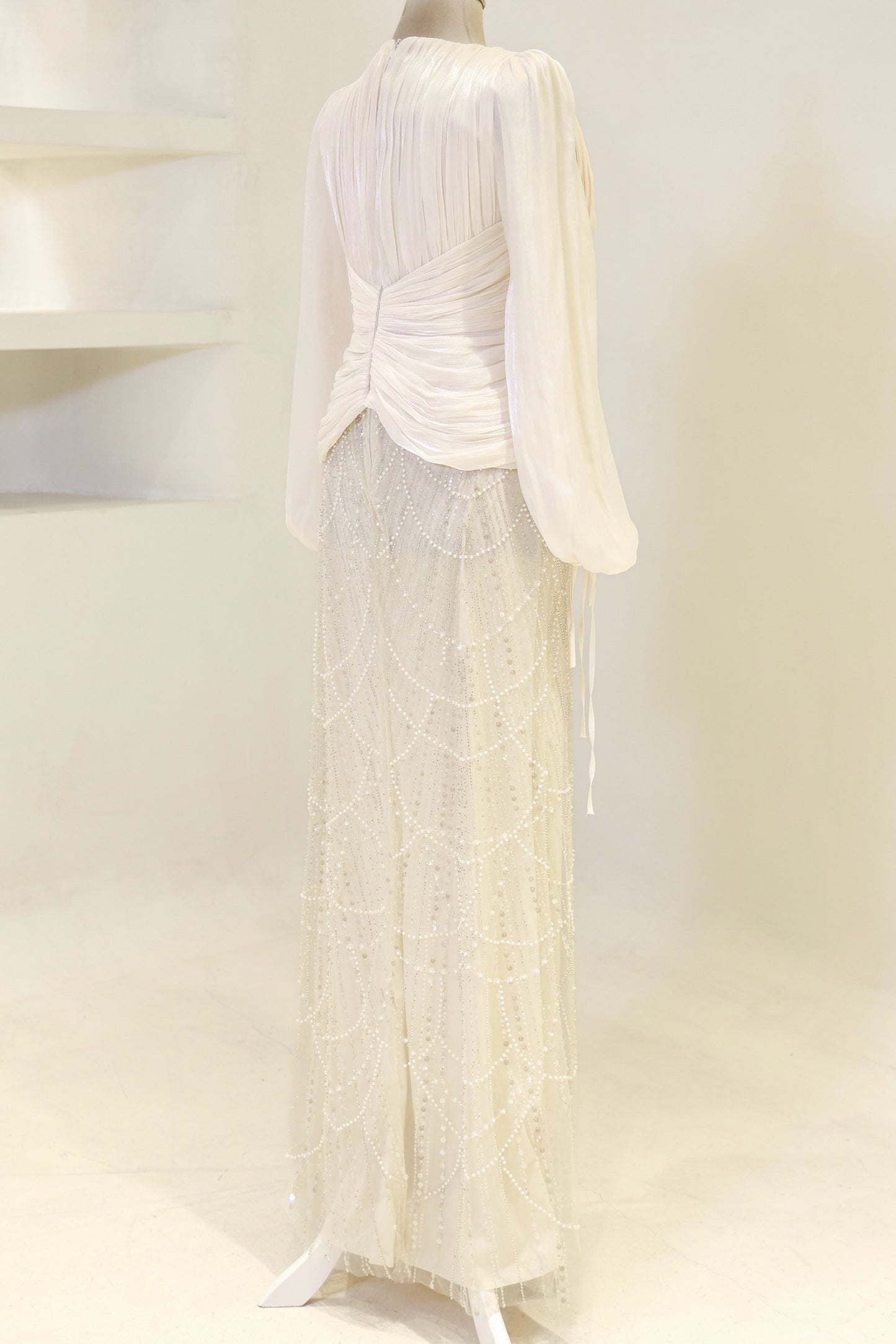 Long Sleeve Sequin Beaded Gown with Pleated Satin Bodice