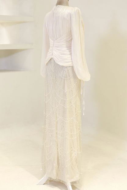 Long Sleeve Sequin Beaded Gown with Pleated Satin Bodice