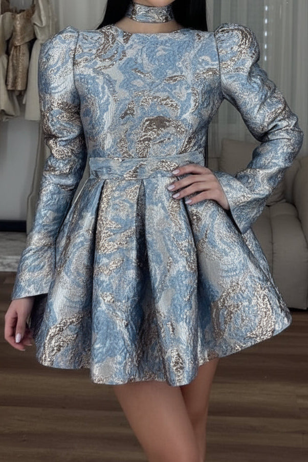 Metallic Jacquard Long Sleeve Mini Dress