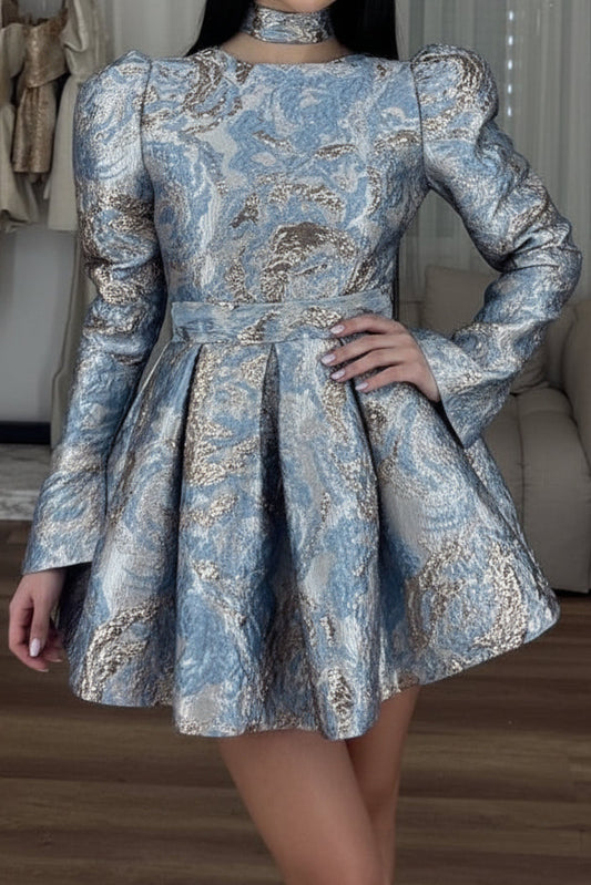 Metallic Jacquard Long Sleeve Mini Dress