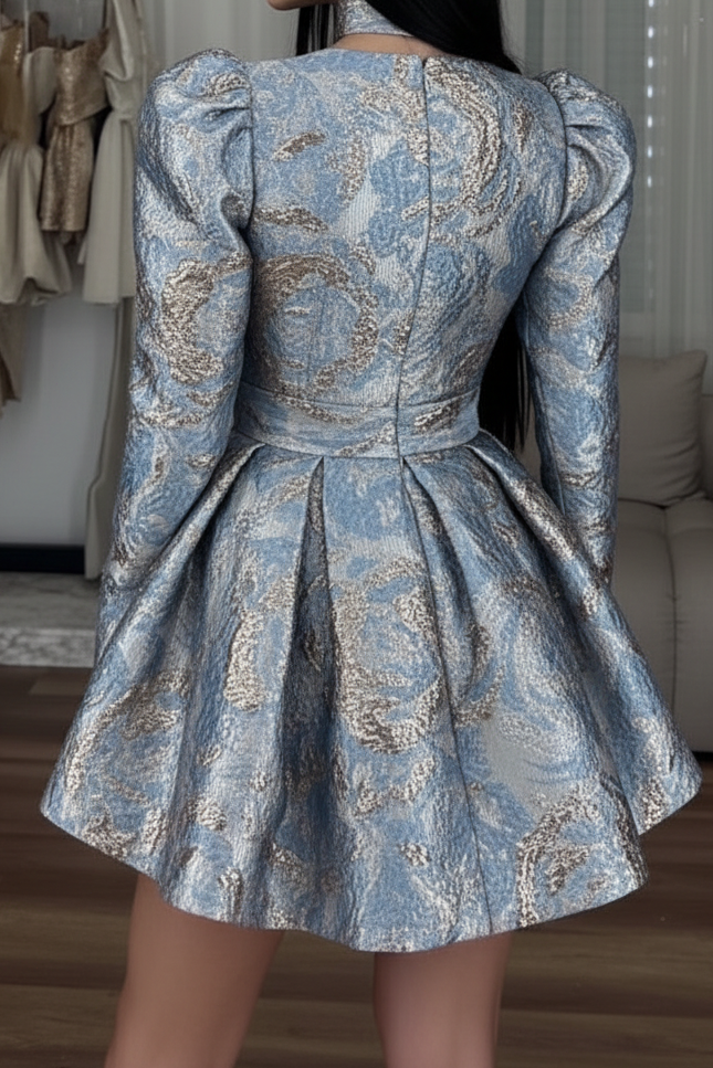 Metallic Jacquard Long Sleeve Mini Dress
