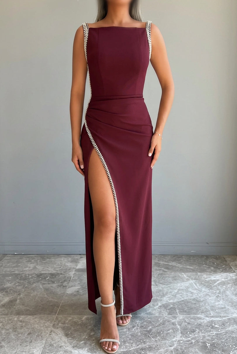 Beaded Trim Slit Evening Gown with Ruched Waist