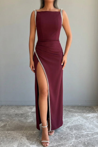 Beaded Trim Slit Evening Gown with Ruched Waist