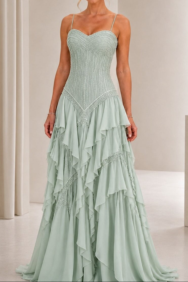Beaded Corset Sweetheart Tiered Ruffled Gown