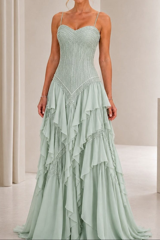 Beaded Corset Sweetheart Tiered Ruffled Gown