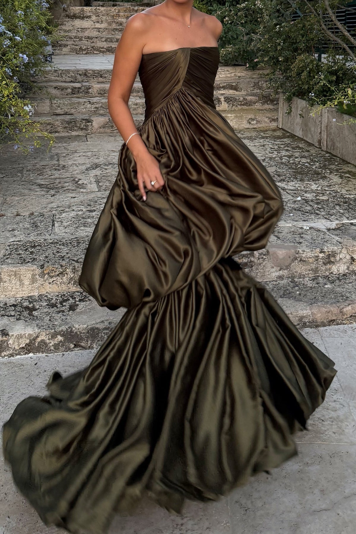 Strapless Ruched Bubble Hem Evening Gown
