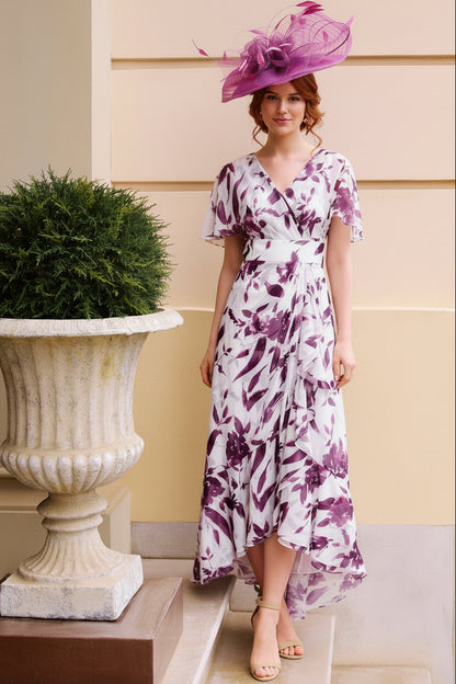 Floral Print High-Low Dress with Flutter Sleeves