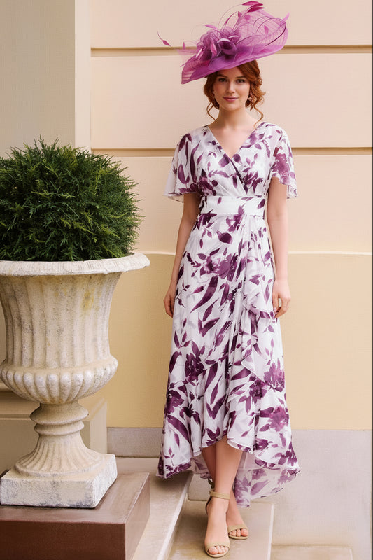 Floral Print High-Low Dress with Flutter Sleeves