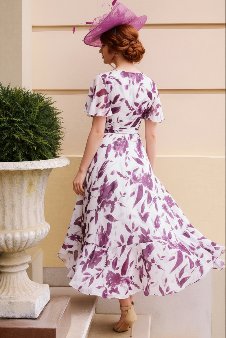 Floral Print High-Low Dress with Flutter Sleeves