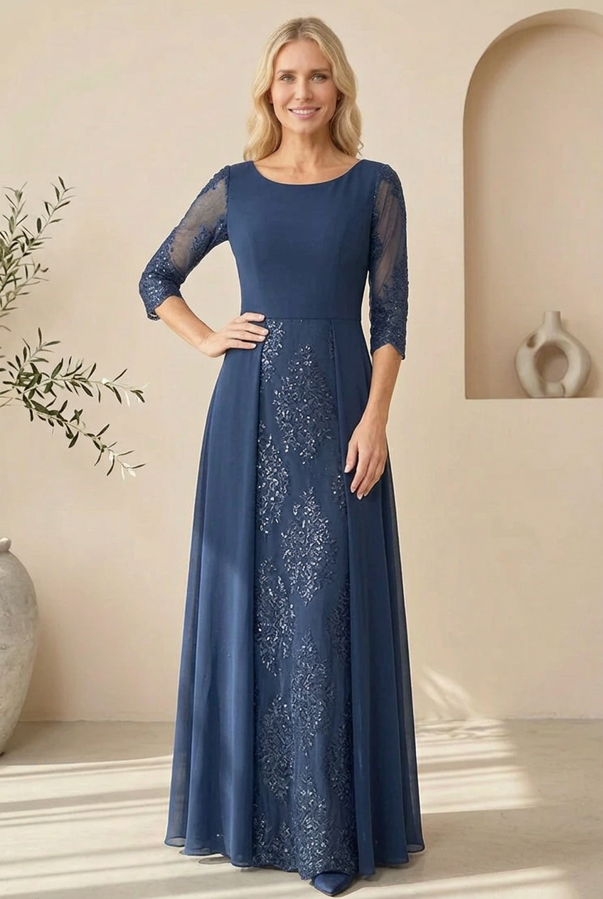 Lace and Chiffon A-Line Gown With 3/4 Sleeves
