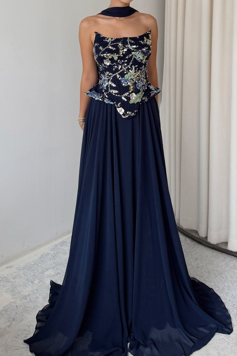 Embroidered Corset Gown with Scarf