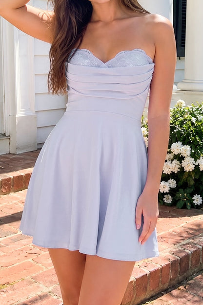 Strapless Lace-Trim Lace-Up A-Line Mini Dress