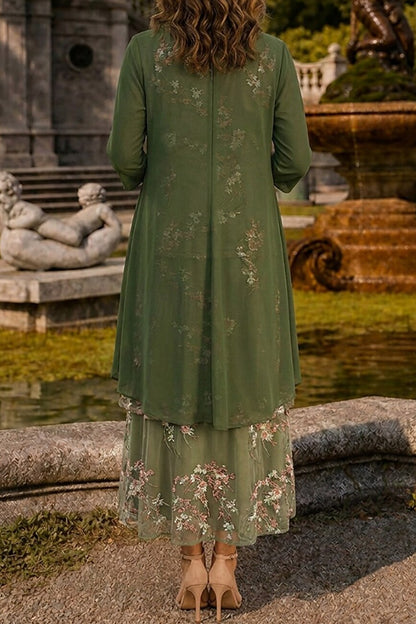 Embroidered Floral Mesh Dress & Draped Jacket Set