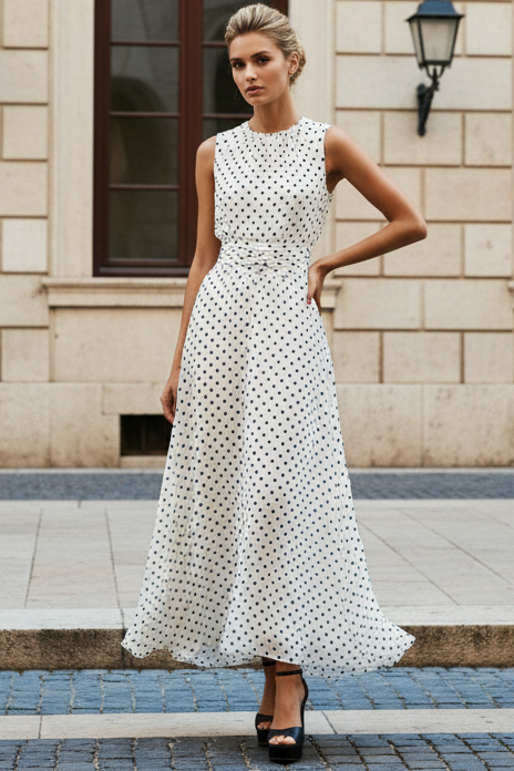 Sleeveless Polka Dot Midi A-Line Dress