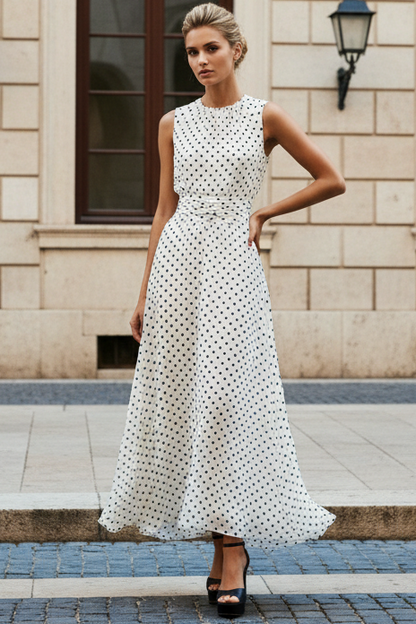 Sleeveless Polka Dot Midi A-Line Dress
