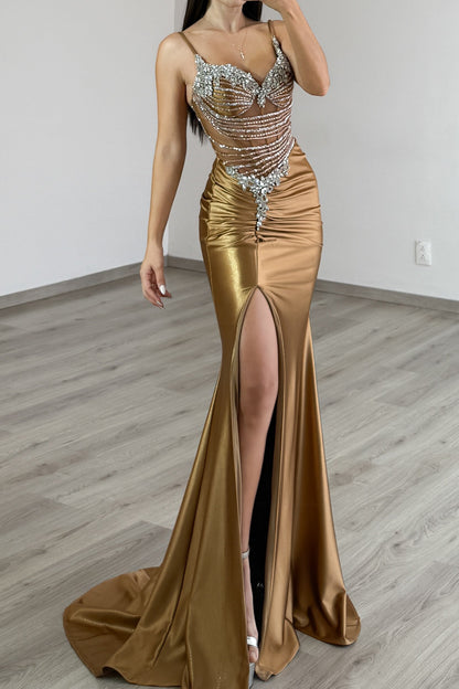Rhinestone Corset Gown with Slit and Train