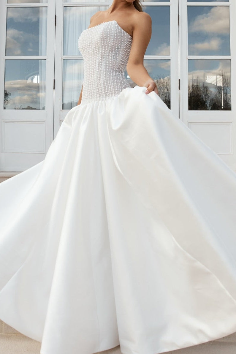 Strapless Pearl Corset Ball Gown Wedding Dress