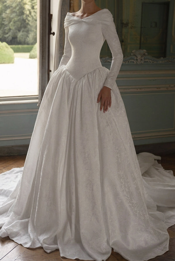 Long Sleeve Jacquard Ball Gown Wedding Dress