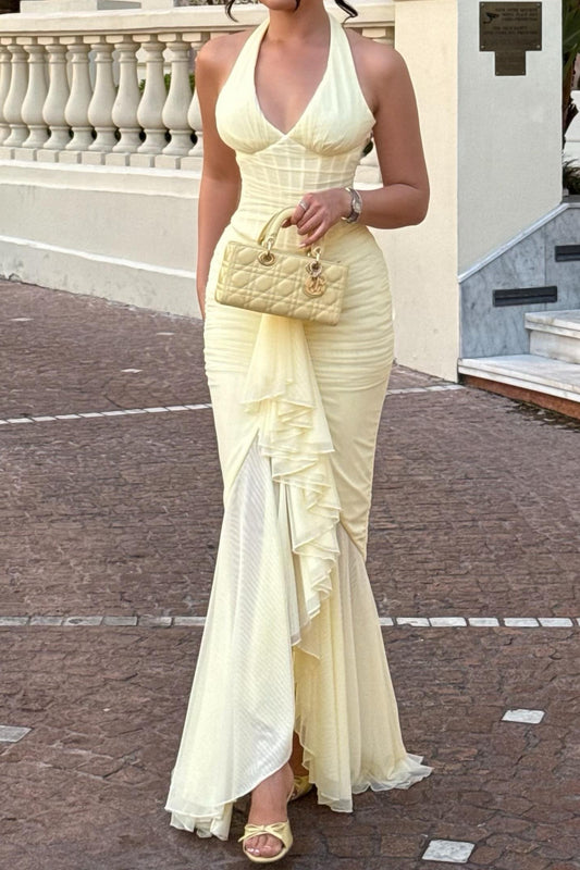 Halter Corset Ruched Maxi Dress with Ruffle