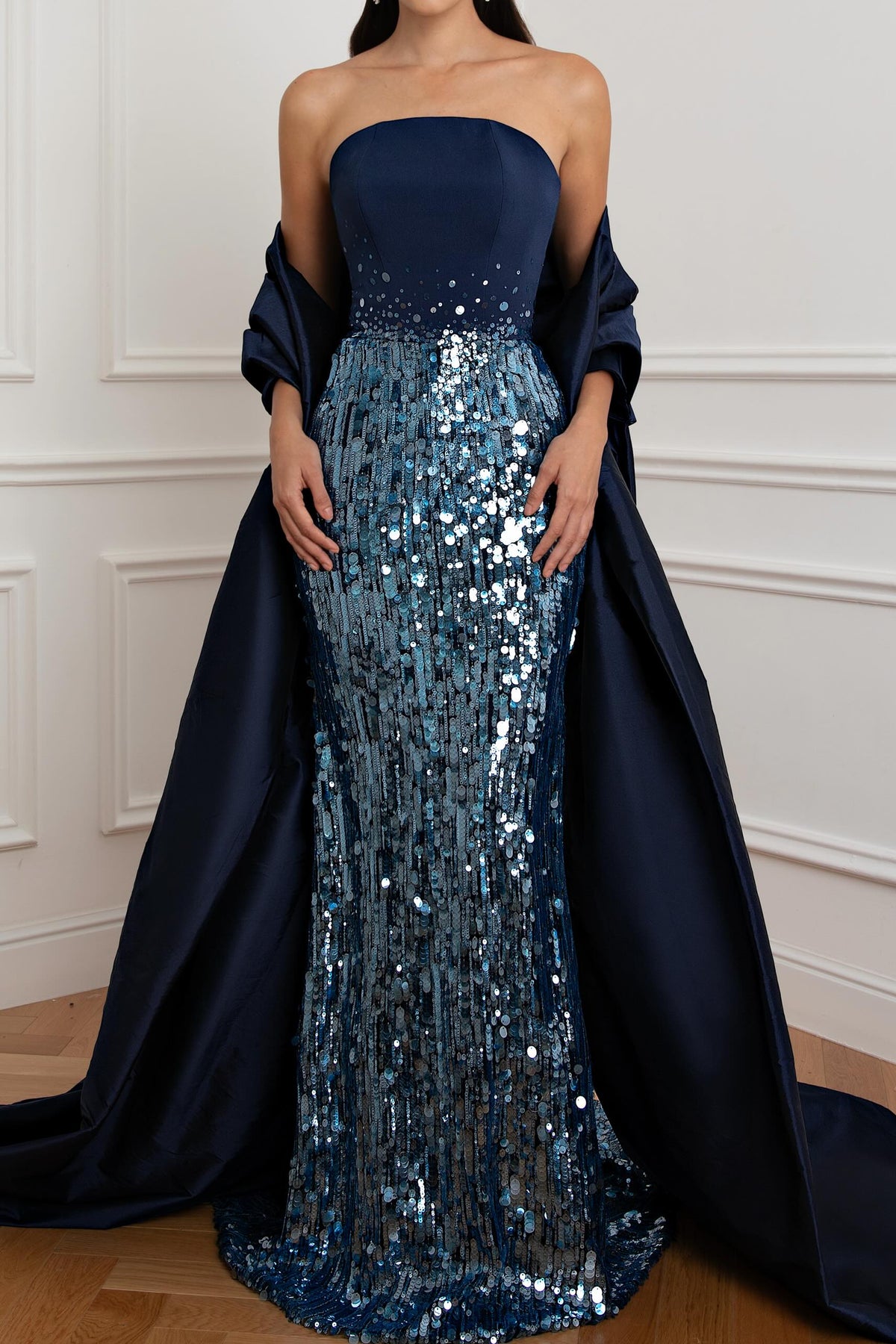Strapless Sequin Evening Gown with Overskirt
