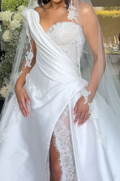 Asymmetrical Draped Satin Wedding Dress with Lace Slit