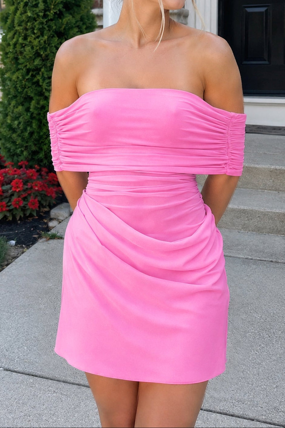 Off-the-Shoulder Ruched Mesh Bodycon Dress
