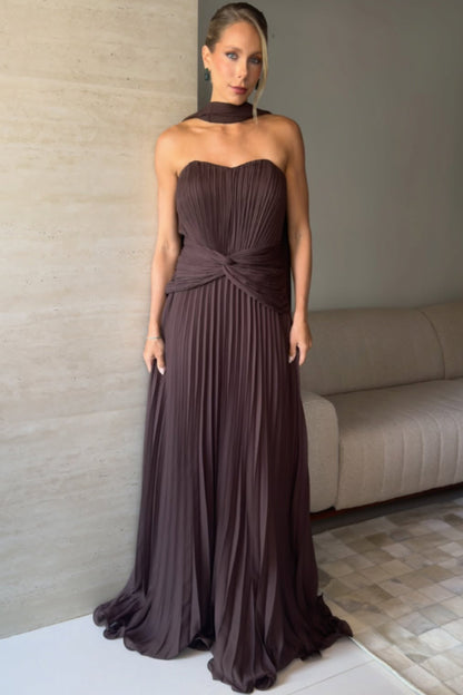 Strapless Pleated A-Line Evening Gown with Neck Scarf