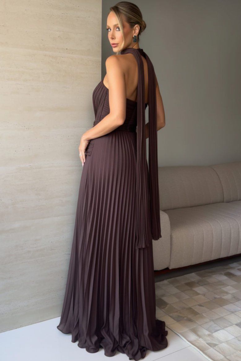 Strapless Pleated A-Line Evening Gown with Neck Scarf