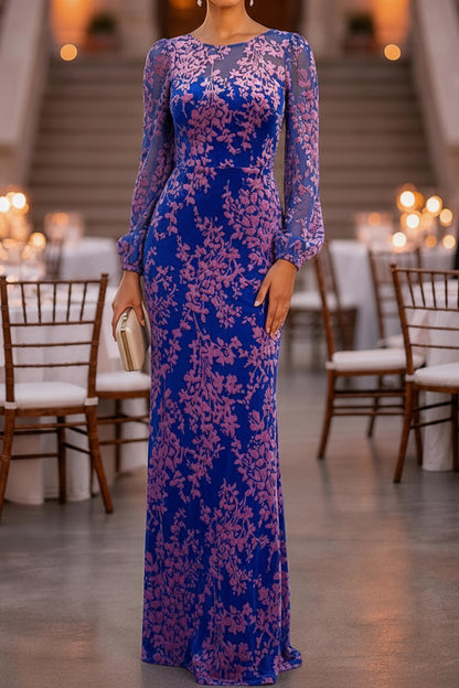 Illusion Neck Long Sleeve Floral Burnout Gown