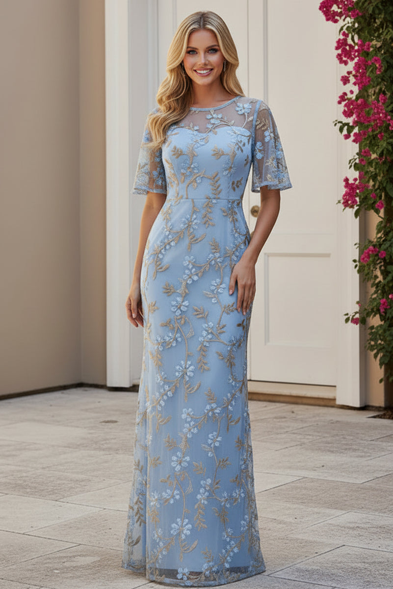 Embroidered Illusion Flutter Sleeve Maxi Evening Gown