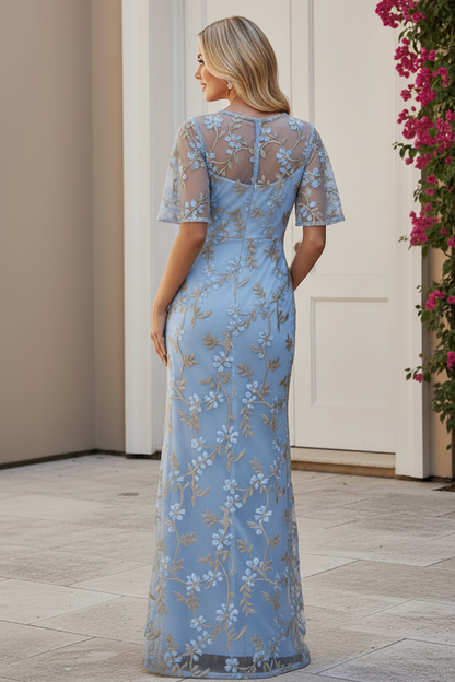 Embroidered Illusion Flutter Sleeve Maxi Evening Gown