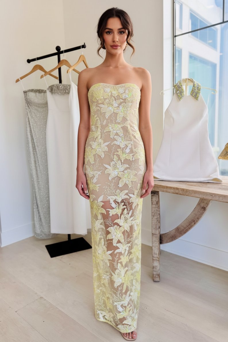 Strapless Floral Sequin Embroidered Column Gown