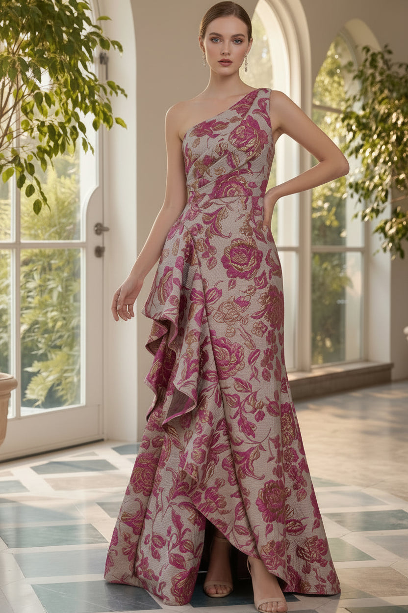 One-Shoulder Metallic Jacquard Evening Gown