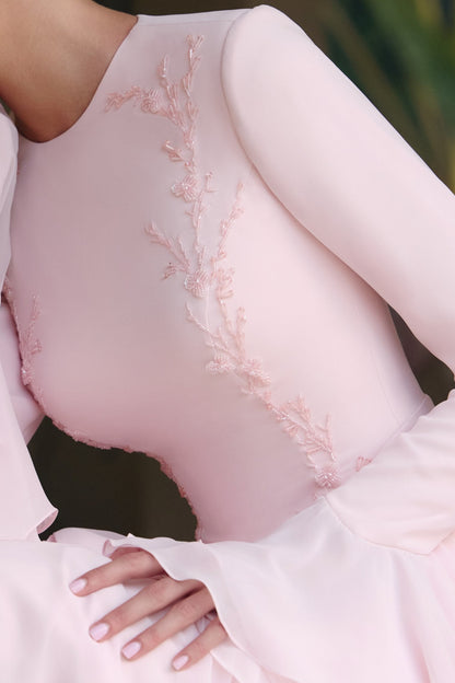 Tiered Ruffle Gown with Flared Cuffs