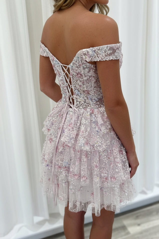 Off-Shoulder 3D Floral Corset Homecoming Mini Dress