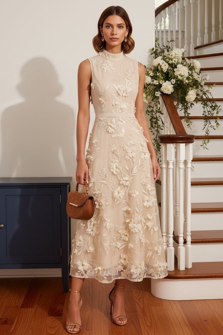 3D Floral Applique High Neck Midi Dress