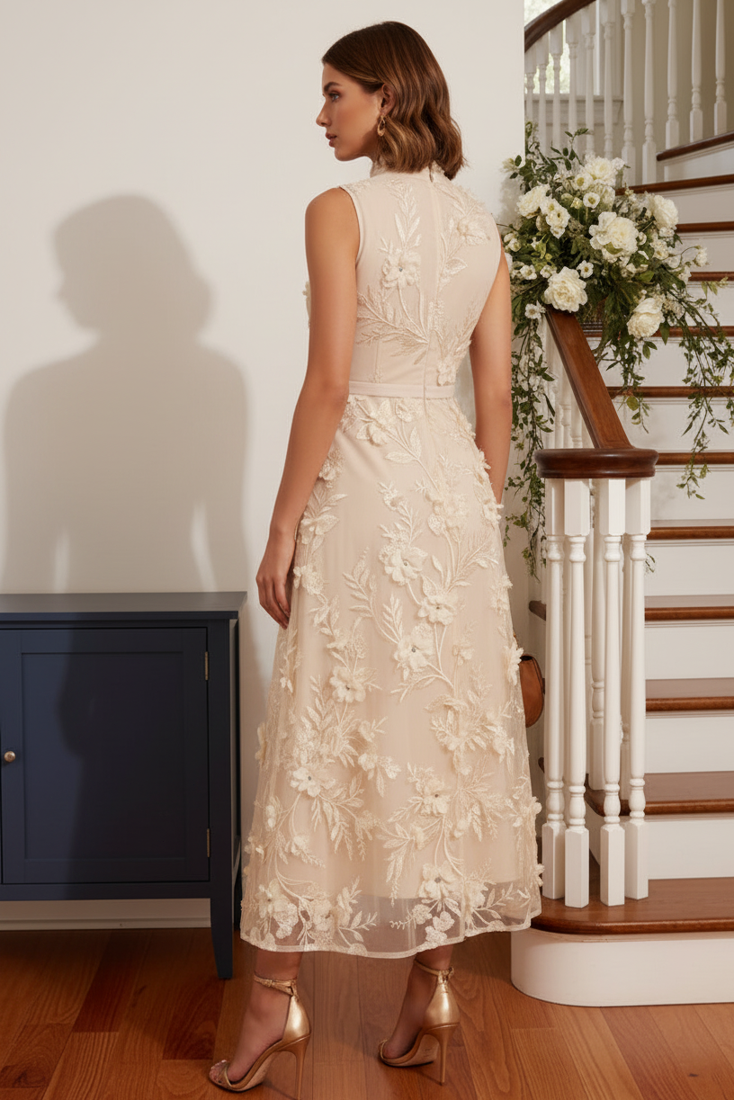 3D Floral Applique High Neck Midi Dress