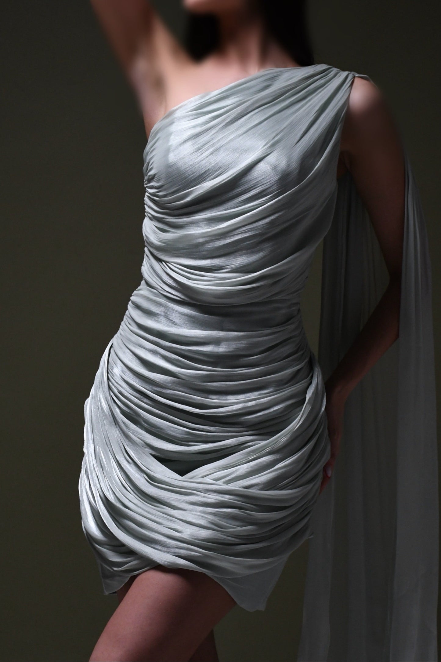 One-Shoulder Mini Dress with Flowing Cape Drape