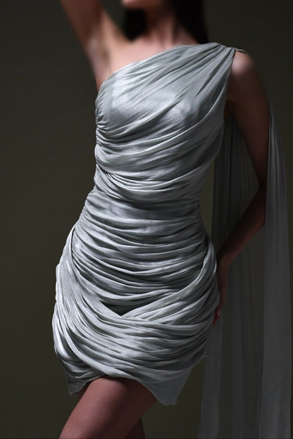 One-Shoulder Mini Dress with Flowing Cape Drape
