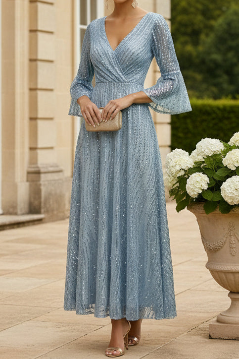 Sequin Wrap V-Neck Bell Sleeve A-Line Gown