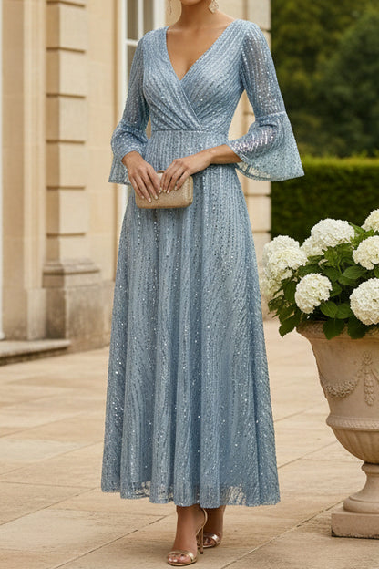 Sequin Wrap V-Neck Bell Sleeve A-Line Gown