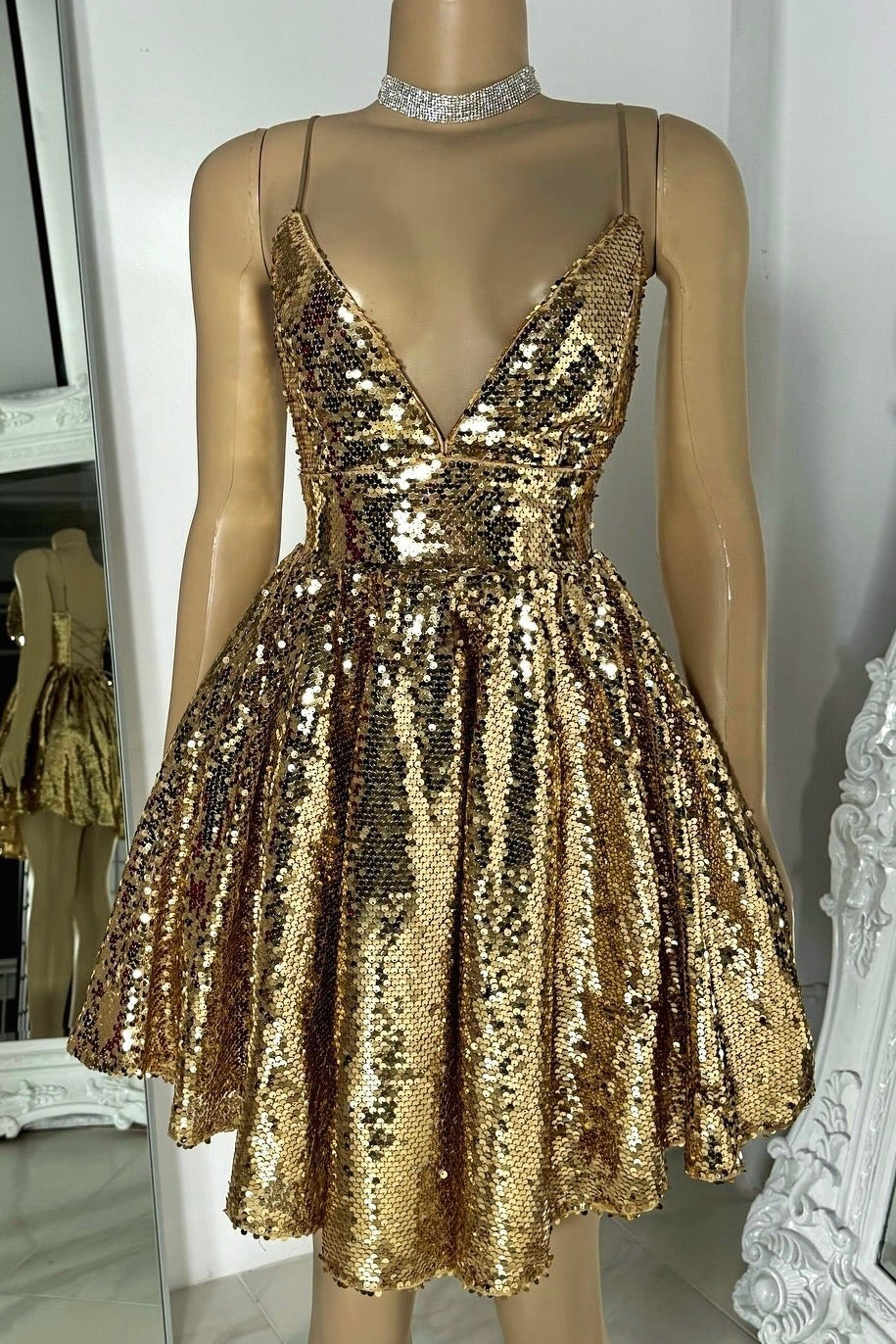 Sequin V-Neck A-Line Dress with Lace-Up Back