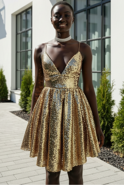 Sequin V-Neck A-Line Dress with Lace-Up Back