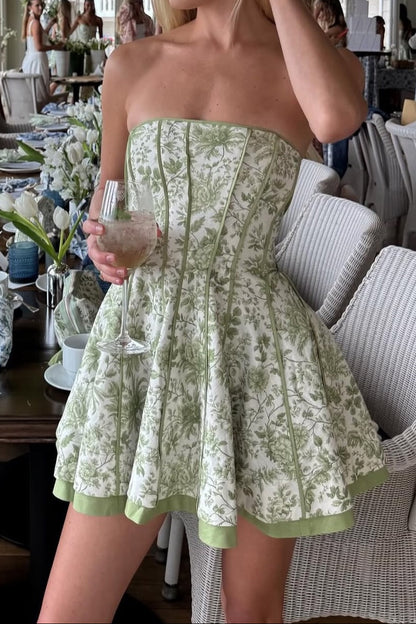 Strapless Floral Corset Mini Dress with Back Bow