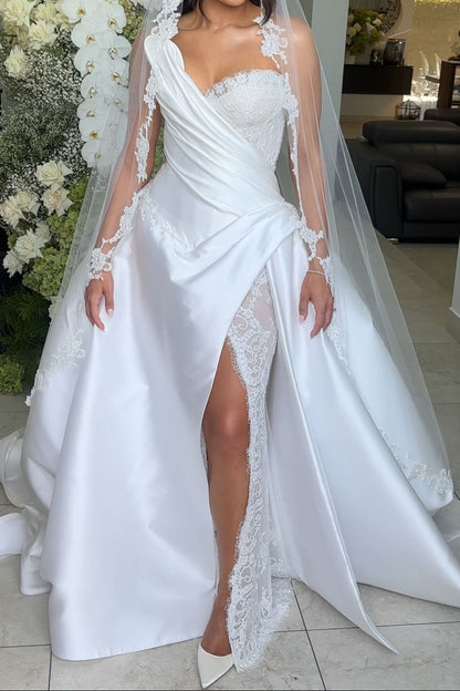 Asymmetrical Draped Satin Wedding Dress with Lace Slit