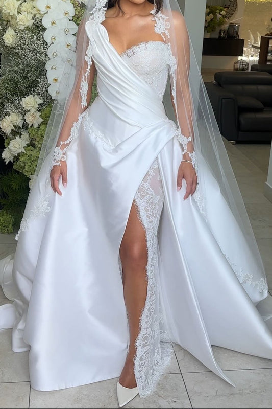 Asymmetrical Draped Satin Wedding Dress with Lace Slit