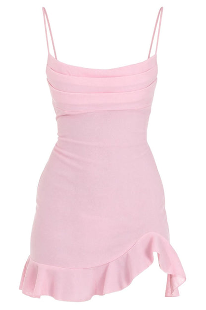 Cowl Neck Lace-Up Back Mini Dress with Ruffle Hem