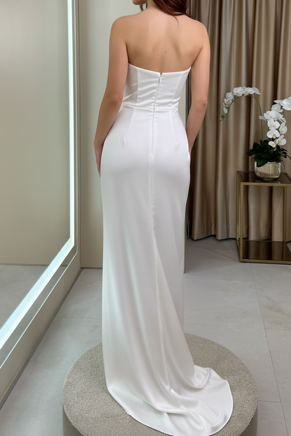 Strapless Ruched Satin Wedding Dress with High Slit