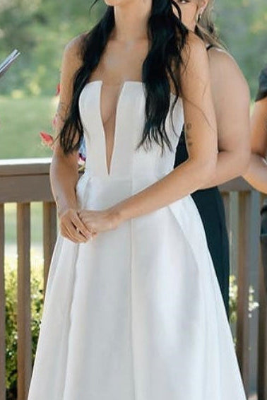 Strapless Deep V Plunge Satin A-Line Wedding Dress